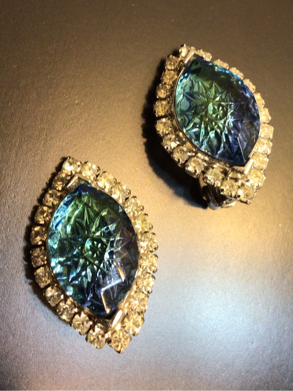 Vintage Mid-century Clip-on Earrings Blue Navette Stones Clear Rhinestones